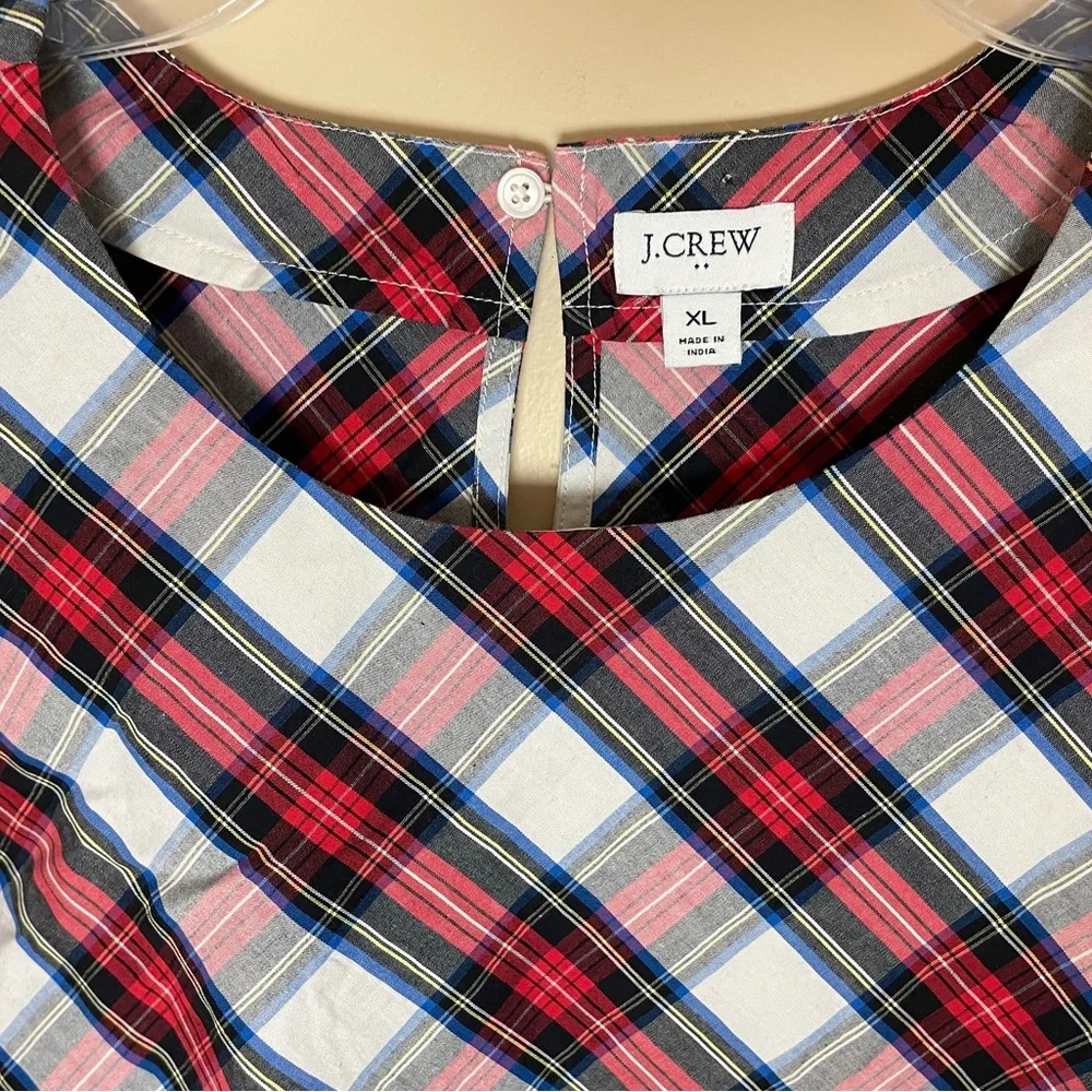 J. Crew Stewart Plaid Tartan Top Blouse Shirt XL Short Puff Sleeve BV626 Office